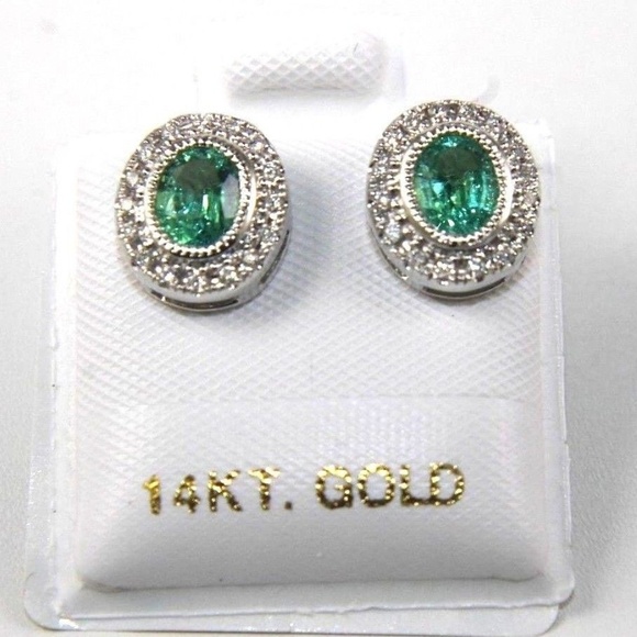 Emerald & Diamond Halo Stud Earrings 14K WG .74Ct